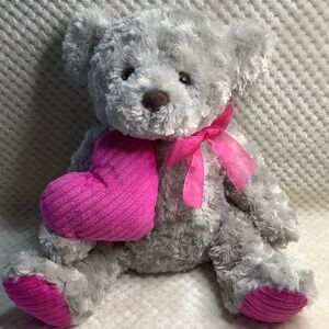 Unbranded Plush Grey Bear with Hot Pink Corduroy Heart Stuffed Animal Toy